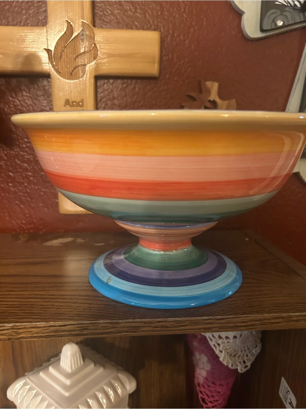 Hand-Painted Multicolor Striped Ceramic Pedestal Bowl